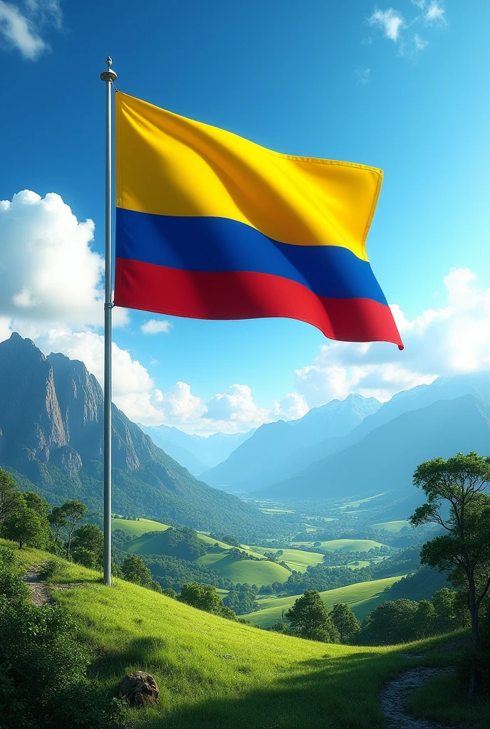 Landscape with Colombian flag in the sky