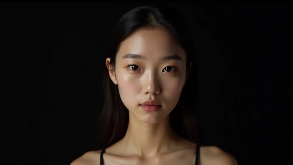 Best Quality, 8k, Masterpiece, (Portrait: 1.3), (photo realistic:1.4), (hyper realistic:1.4), Sharp Focus, looking at viewer, (smoother lighting:1.1), (increase cinematic lighting quality:0.9), realistic lighting, backlighting, light on face, ray trace, (brightening light:1.2), (Increase quality:1.4), sharp detail, (best quality real texture skin:1.4), finely detailed eyes, black_eyes, finely detailed face, 25 year old tanned Korean woman, camisole, void black back ground long neck