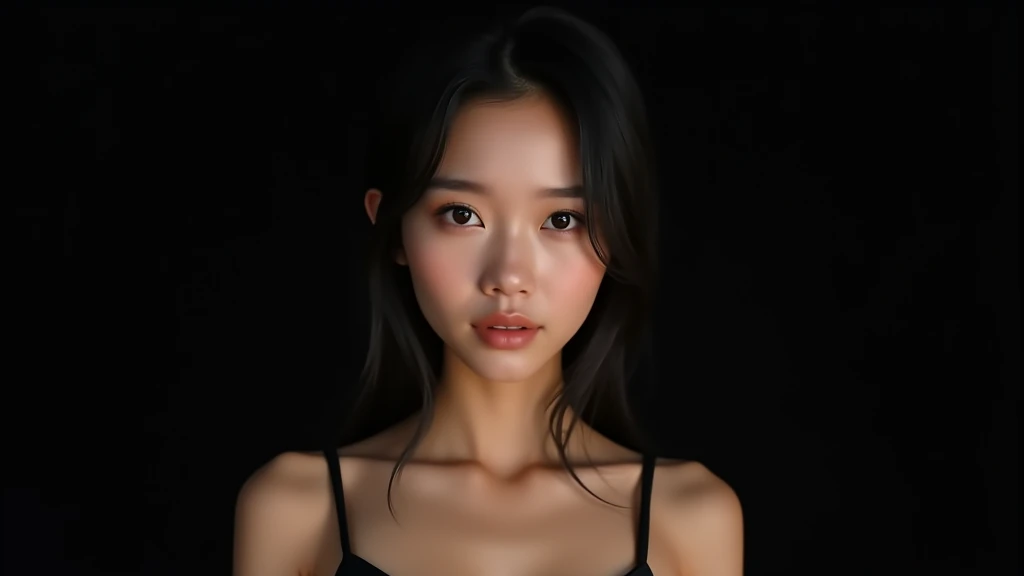 1girl, asian girl, 15yo, pretty, selfie, dark background, shot by iphone cameras, noise image, raw image, tank top,