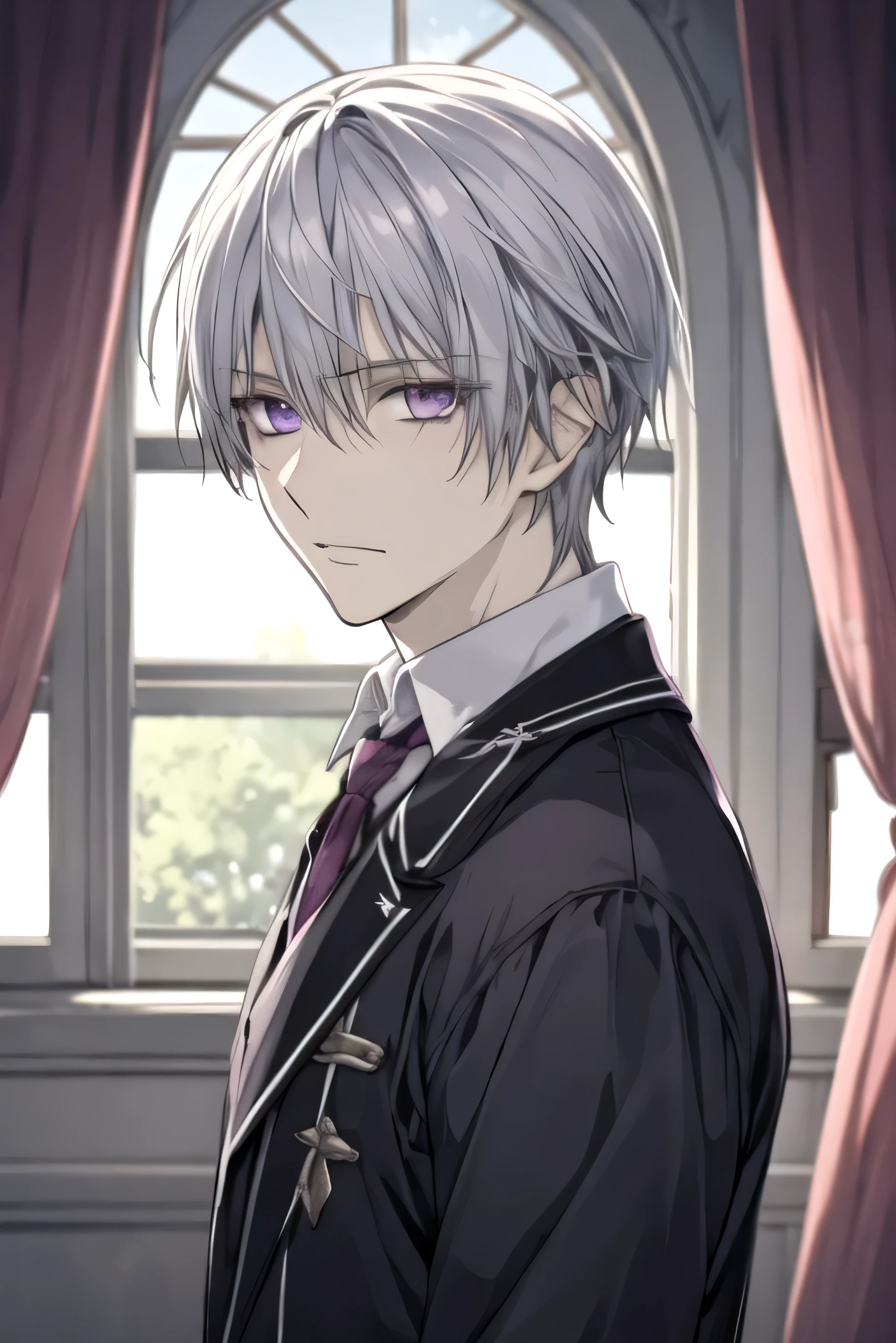 masterpiece, best quality, , 1boy, solo, male focus, looking at viewer, upper body, depth of field, anime coloring, , zero_kiryuu, grey hair, purple eyes, interior, window and purple curtains in background, 