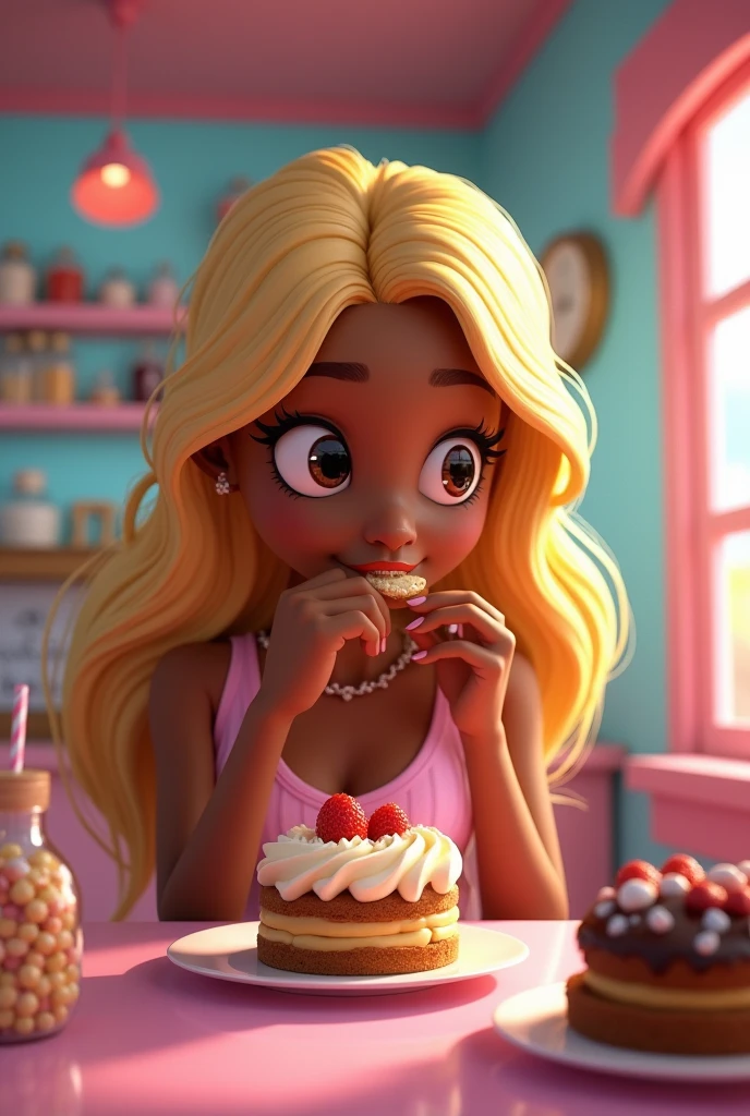 a 22 year old woman, black, hair blonde,smooth ass, loose hair,bright and dark brown eyes, fine nose, peso78kg, eating cake,
in the background a candy store, display cases of bolo and tortas, name written sweet sky, sky realism disney pixAr