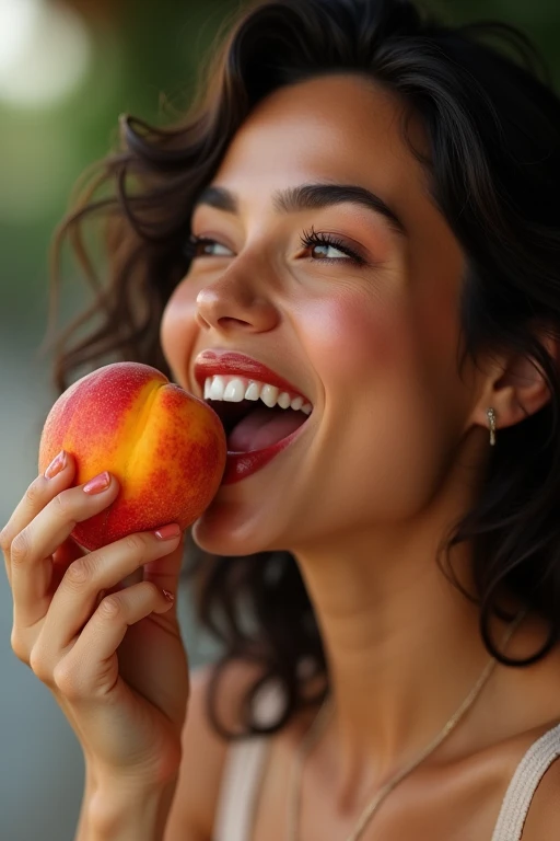 A very beautiful Chilean woman in her 30s、Looking straight ahead、With an erotic and ecstatic look、Looks delicious、is eating a peeled peach with his mouth wide open。Background、Please recommend some famous tourist spots in Chile.。There are five fingers on one hand。9:In 16 sizes、Highest quality、A masterpiece please。