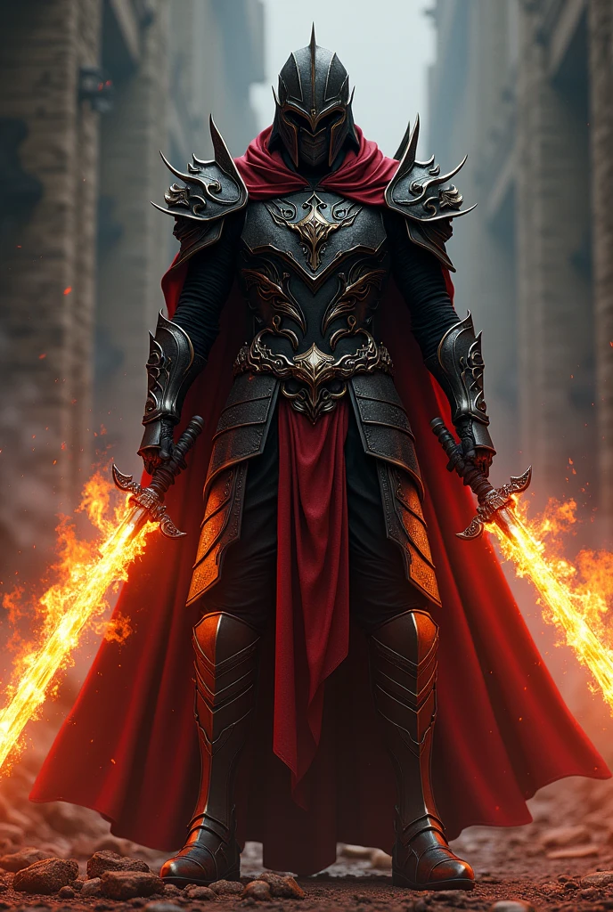 A gentleman in black and red armor with two swords on fire