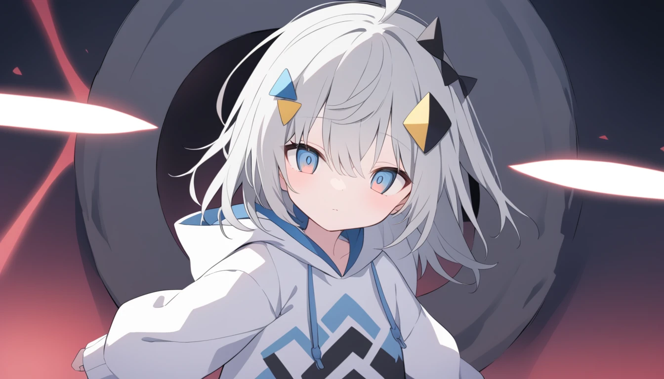 Thin gray hair Red light in blue eyes Widely opened eyes looking at the camera White hoodie Blue and black line pattern White hoodie with black and blue lines Diamond-shaped hair ornament A yellow triangle on the bottom of the hair accessory Jagged black hole on the outside of the hood Black triangle on the hood2t 20age
