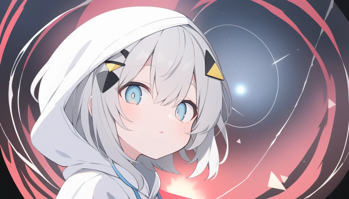 Thin gray hair Red light in blue eyes Widely opened eyes looking at the camera White hoodie Blue and black line pattern White hoodie with black and blue lines Diamond-shaped hair ornament A yellow triangle on the bottom of the hair accessory Jagged black hole on the outside of the hood Black triangle on the hood2t 20age