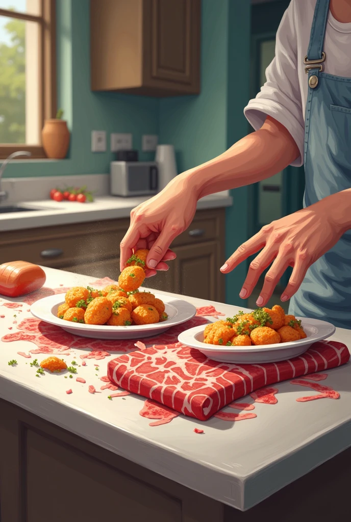 Placing cooked food on a surface where raw meat was previously prepared without cleaning it first.