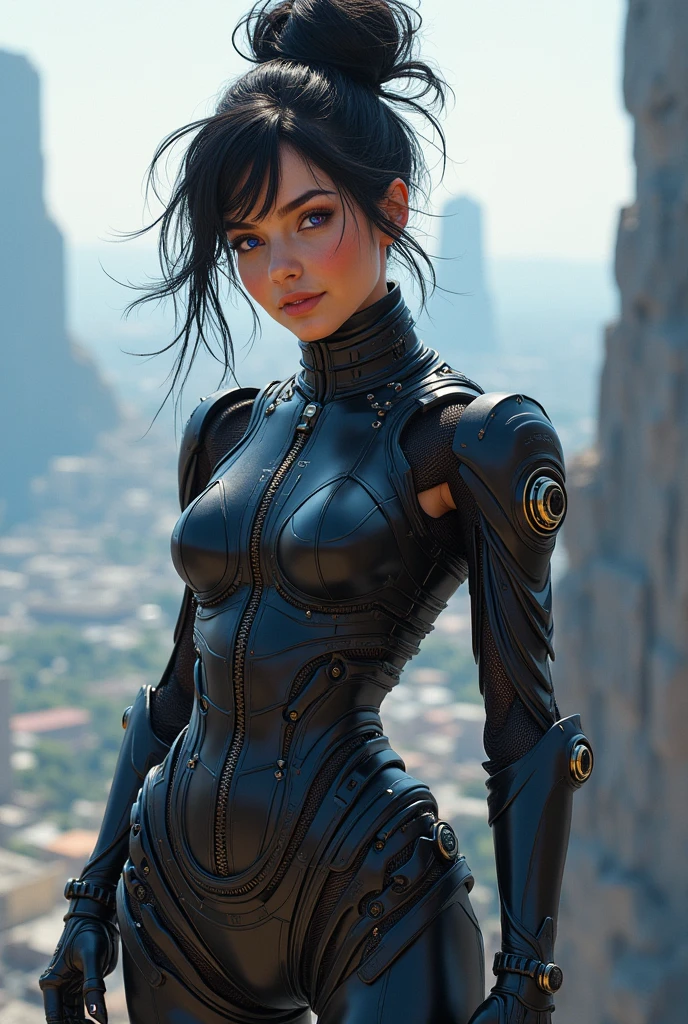 young woman, in their twenties, black hair, messy bun, blue on the inside of the back of the hair, pink eyes, bold mechanical clothing, voluptuous body, high altitude, Winning smile 