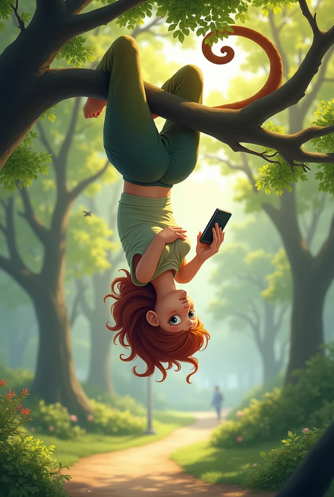 a young girl of 23 years, with lizard tail , headlong (agarrads, hanging by its tail) in a park playing (gaming) with phone in his hands.
