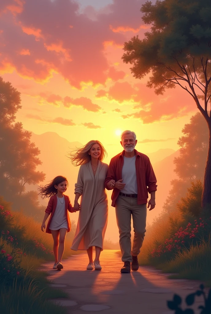 A grandfather, his son and his granddaughter walking together with a beautiful sunset in the background . They all are happy and having a good time