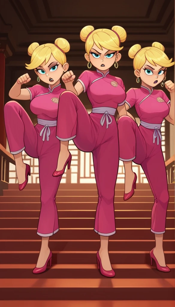 lola loud, 3girls, trio, 24yo girl, large breasts, pink cheongsam, inside of a chinese temple, looking at viewer, blonde hair, two hair buns , hands score_9, score_8_up, score_7_up, high heels, teep fighting stance,martial arts, stairs behind her, guarding the stairs, they wear the same outfit, they are twins