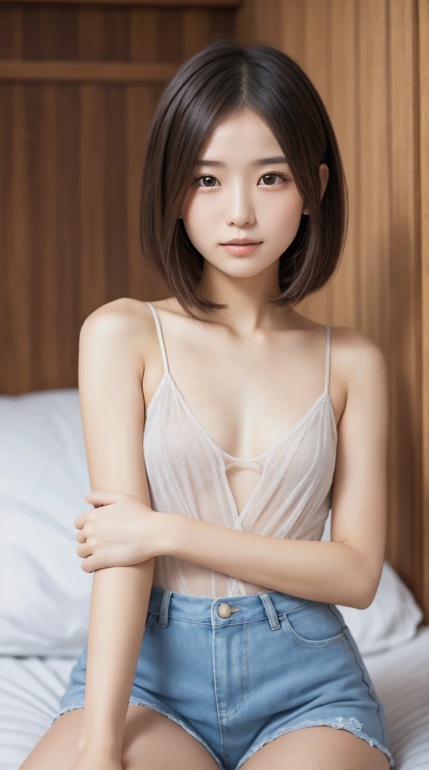 masterpiece, best quality, 8k, raw photo, absurdres, award winning portrait, break, , teenlo, short hair, medium breasts, night, bedroom, idol face, uniform, delicate girl, upper body, DSLR, looking at viewer, candid, sophisticated, youthful, thin arms, indoors, Best sexual lighting powered by famous artist, shiny skin, film grain, chromatic aberration, (detailed eyes and face and breasts:1.0), (bokeh:1.1),jav cover,