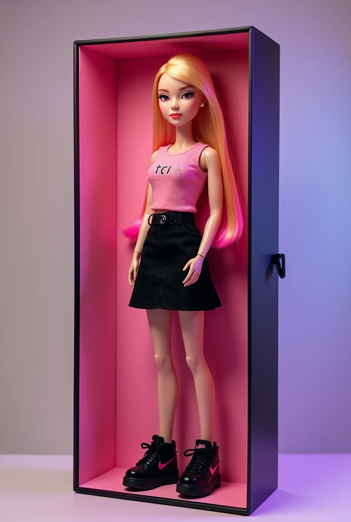 K-Pop doll in the box with the name Letícia, straight blonde hair with a pink streak, clothes a pink top and a black skirt and black Nike sneakers