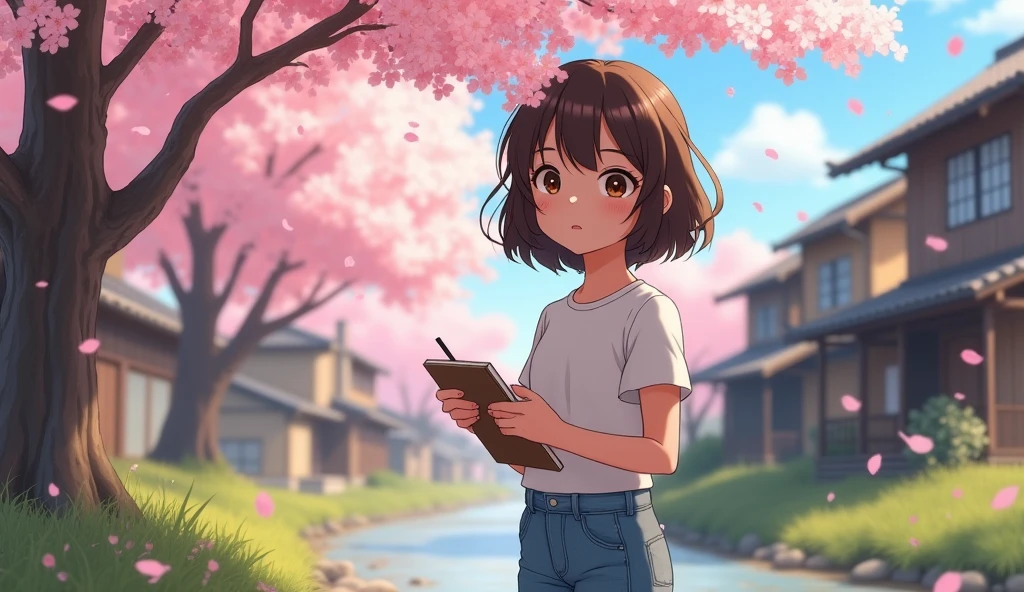 A realistic, cinematic image of a 10-year-old tanned Japanese girl named Yumi. She has shoulder-length, wavy long brown hair, and her innocent, bright brown eyes are full of curiosity. Yumi is wearing white t-shirt and jeans short, which contrasts with her youthful energy. She stands under a blooming cherry blossom (sakura) tree, with delicate pink petals falling around her. The background is a peaceful, rural Japanese village with wooden houses and a gentle stream flowing nearby. The scene captures a tranquil spring day, with Yumi holding a small sketchbook, her gaze focused on the beautiful landscape she is drawing. The lighting is natural and soft, with the pink hue of the sakura petals adding a dreamy quality to the image. realistic HDR