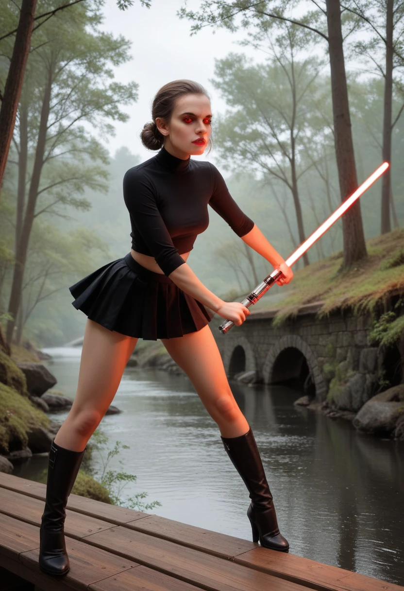 Sith Rey Skywalker, red eyes, holding a red lightsaber, wears a cleaveage dark blouse, and a mini blue skirt, standing in hanging wood bridge of over a river, dinamic pose, ready to fight, behind there is a robot, orgasm face, upskirt