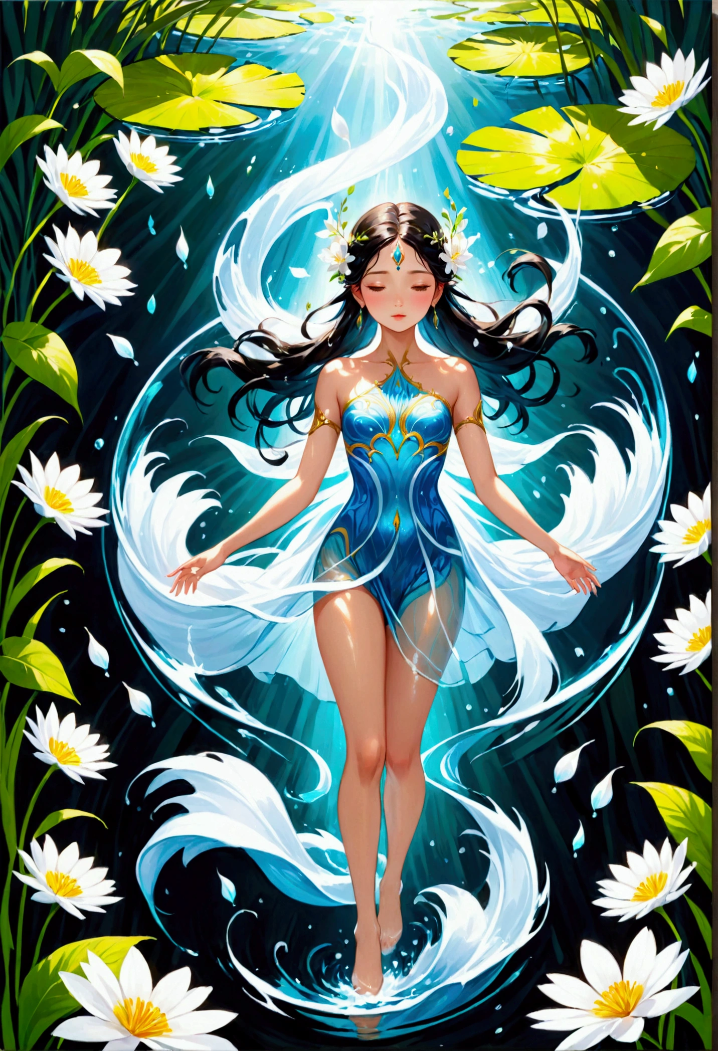A graceful floating 2 year old water goddess Suggested details Indian-like style A graceful floating water goddess, her delicate figure is surrounded by a tranquil garden of ethereal water flowers. These flower petals convey many emotions, moving gently with the wind rippling on the surface of the clear water. The stems of aquatic plants come in many vibrant colors, dazzling with their beauty. This captivating scene is depicted in a painting of stunning detail, where every aspect comes alive with rich and vibrant colors against the surrounding green background, transcending reality and illusion. , the footage has high detail, impressive lighting, and is extremely realistic, front view