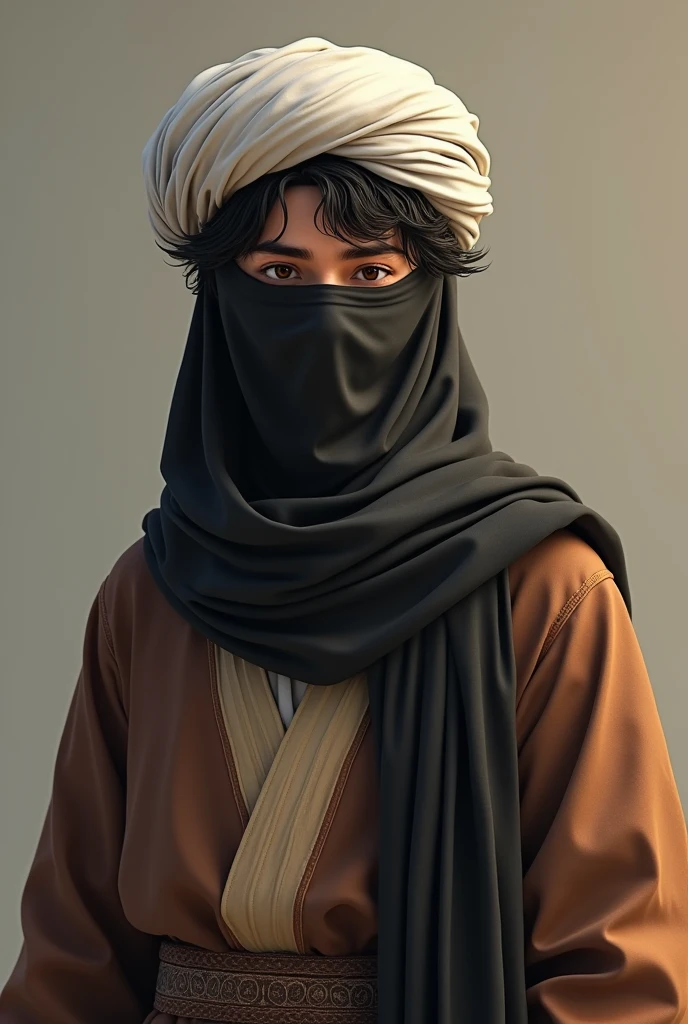 (photorealism:1.2), A man in his twenties. He has a white Islamic turban on his head. wearing brown Islamic robes. wearing a black veil covering her face. her hair is messy. realistic animation drawing.