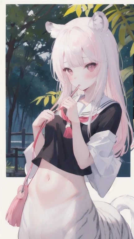 (best quality, masterpiece), 1 girl, centaur, I beg, White skin, Japanese schoolgirl,daughter,black pink, exposing the abdomen, belly button t-shirt , beautiful girl perfect, White tiger photo, 완벽한 White tiger photo