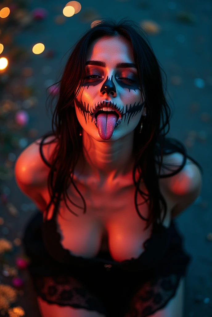 most surreal beautiful woman, 23yo, on her knees, looking up at the camera, (most detailed beautiful half-closed eyes:1.2), slight smirk, passionate, desire, perfect mouth open, in position as if trying to catch raindrops that are not there on her tongue, (tongue covered in very thin runny clear glue, dripping down all over her bare ample chest:1.3), hands behind her back, sticking her breasts out to create a large area for the viewer to aim at, sitting on her feet, (viewer squirting long thin ropes of clear glue across her face and chest from below the field of view:1.3), perfect puffy nipples, shot directly overhead, gorgeous, very cute, most attractive, most arousing, sensual, intimate, alluring, lascivious, appealing, enticing, tempting, gorgeous, very cute, most detailed face, (detailed skull makeup on face:1.4), long black hair, piercing eyes, delicate facial features, elegant neck, wearing a black sheer lace dress, Sexy curvy voluptuous hourglass body. Her large breasts protrude from her cleavage. vibrant colors at night with glowing fireflies, cinematic lighting, dark moody colors, highly detailed
