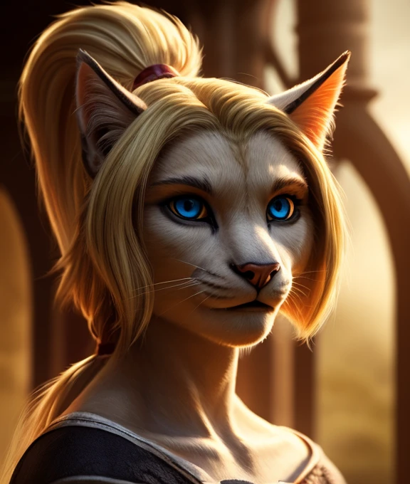 A beautiful anthro feline girl with blue eyes, blonde hair in a ponytail, detailed facial features, realistic, photorealistic, 4k, best quality, highly detailed, ultra-detailed, masterpiece, vivid colors, cinematic lighting, ethereal, fantasy, digital painting, pechos enormes