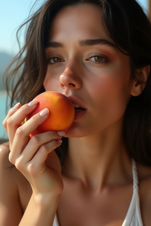 A very beautiful Chilean woman in her 30s、Looking straight ahead、With an erotic and ecstatic look、Looks delicious、is eating a peeled peach with his mouth wide open。Background、Please recommend some famous tourist spots in Chile.。There are five fingers on one hand。9:In 16 sizes、Highest quality、A masterpiece please。