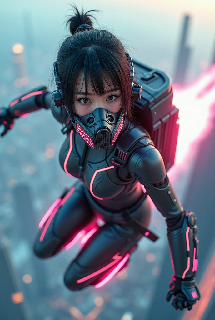 photo-realistic, ultra-realistic, very beautiful Japanese, famous Japanese idol, 20 years old, dramatic scene, masterpiece, beautiful eyes, (extremely intricated with extremely complex futuristic cyber punk mecha armored full-face gas mask:1.5), (wearing extremely intricated with complex multi-layered cyber punk mecha armored tight fitting bodysuits with neon sign:1.3), (She uses the ultra high power rocket engine on her back to flying high speed in the sky:1.5), amazing view from sky, (surprising), acrobatic pose, dynamic angle, (shoot from behind),