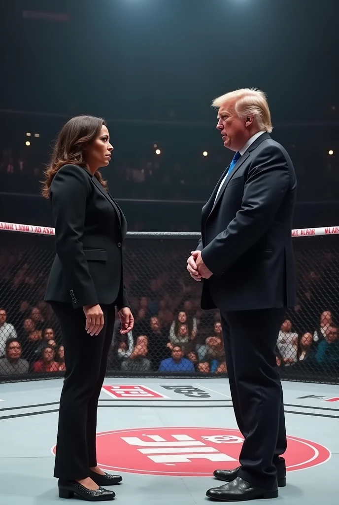 Create a real-life UFC ring fight between Kamala Harris vs Donald Trump and have Elon Musk referee the fight