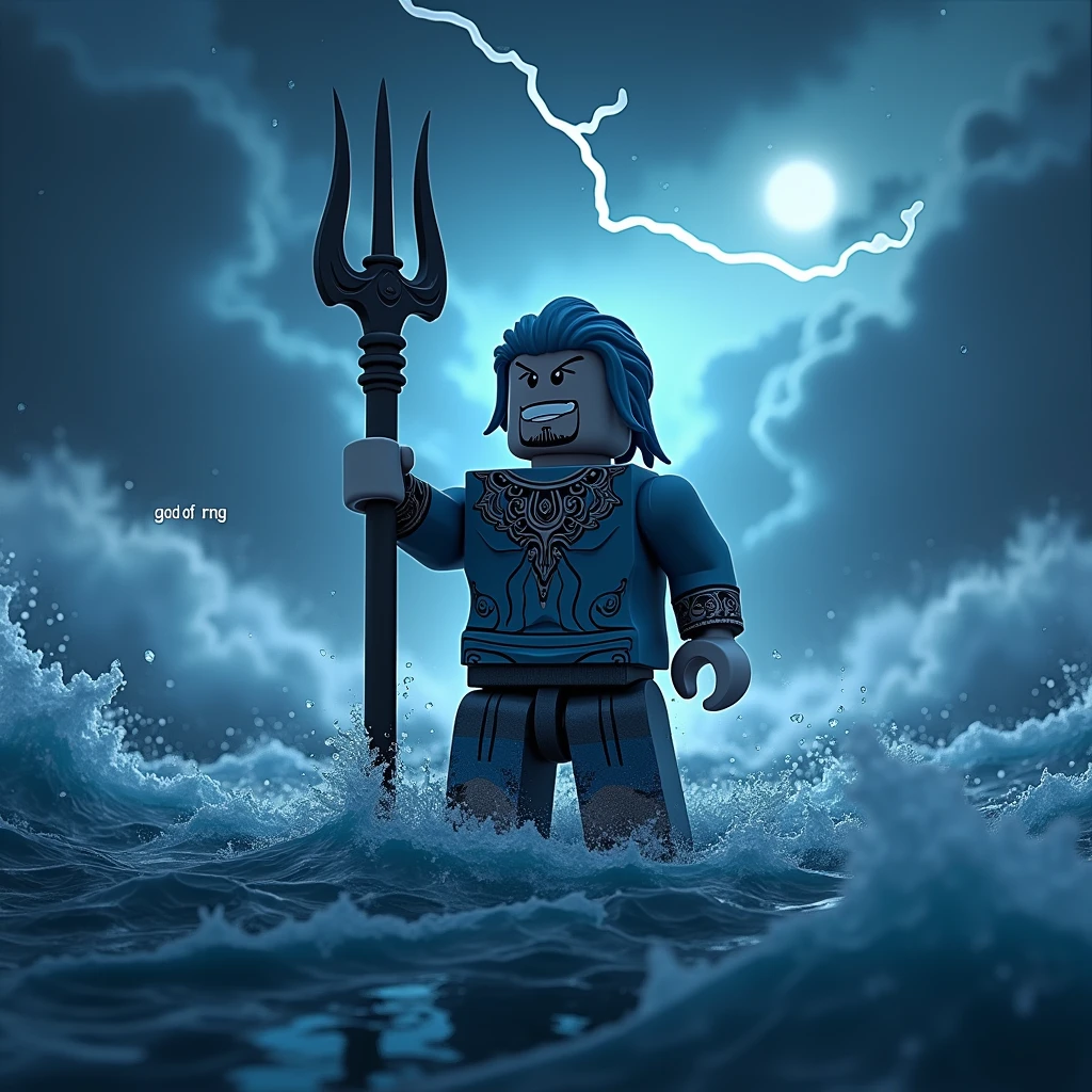 Posidon with his trident fighting a storm at night as a roblox character  (add text saying “God of RNG” in the background)