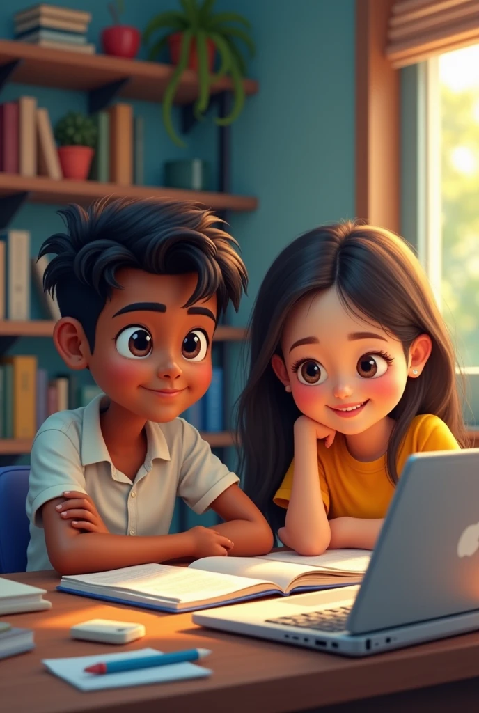 Create an image showing a 20-year-old Sri Lankan boy with a dark complexion studying diligently at his desk. A 20-year-old Korean girl, with a friendly expression, is taking a selfie that includes both her and the studying boy. The background should show a study environment with books, notes, and a laptop