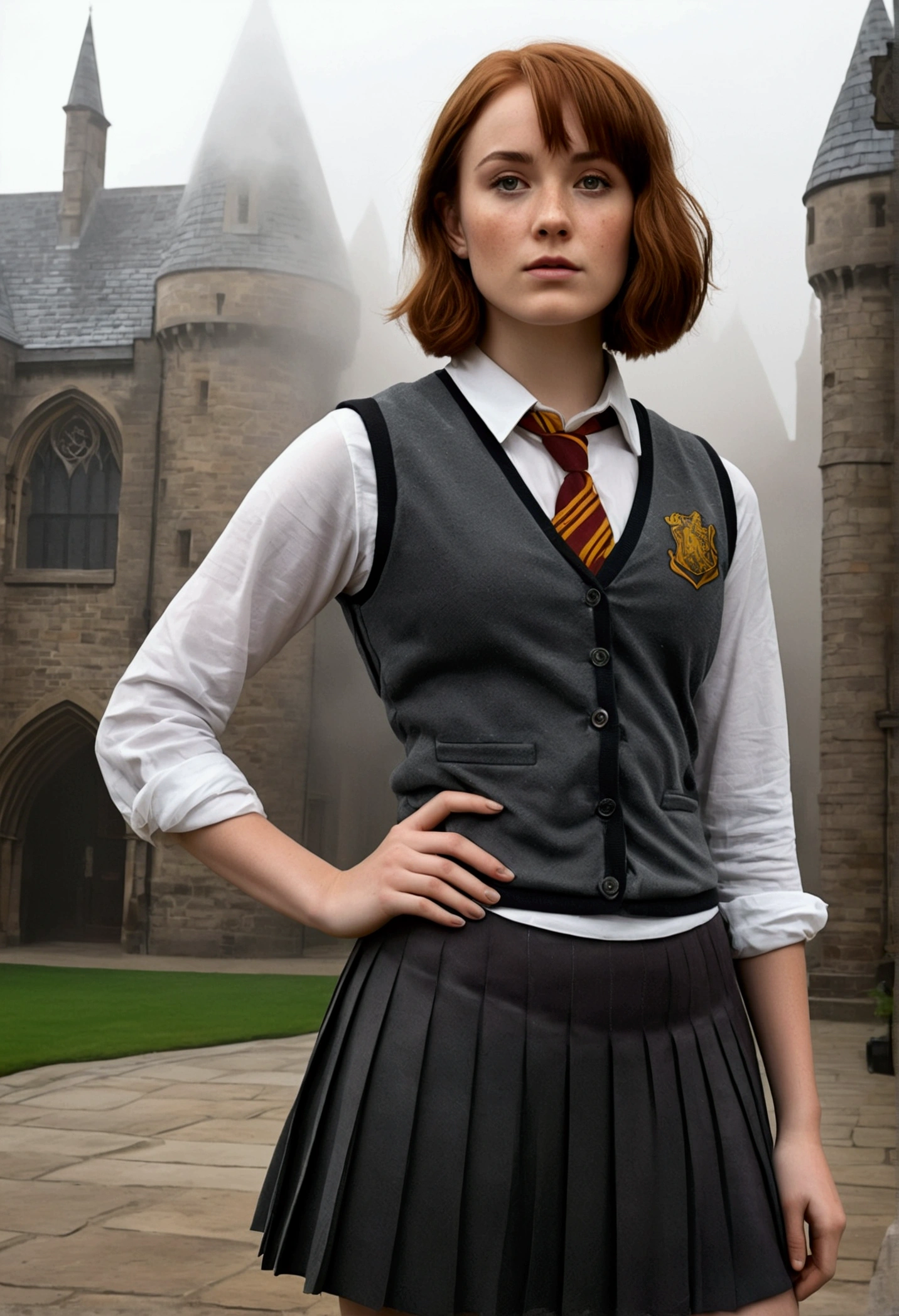 An illustrated movie poster, hand-drawn, full color, a female Hogwarts student, 1, wearing a charcoal vest and a pleated skirt, tall, toned, amazonian stature, athletic hourglass figure, full wide hips, massive round butt, long shapely legs, ridiculously thick powerful thighs, deep dark auburn hair, short shaggy bob cut, flushed sun-kissed complexion, freckles, resembles Genevieve O'Reilly, standing in a foggy Hogwarts courtyard, surrounded by mist, graphite shading, stencil marks, airbrushed acrylic paint, masterpiece, in the Deathly Hallows 