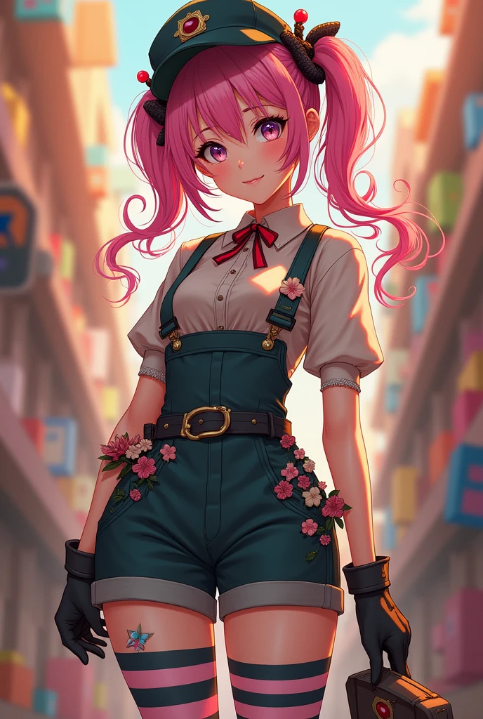 Anime full body woman, weird looking, stripey stockings, weird hat, gloves, warm colors, perdect face, hair accessories, colorful, shorts, accessories, official work suit