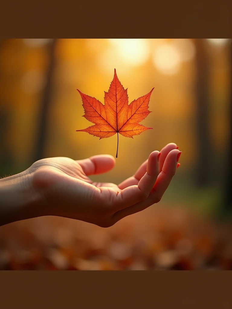 generate a master photograph describing a close-up of a hand reaching out to catch the first autumn leaf falling from a tree. The background is blurred, with warm golden tones dominating the scene. The leaf is vibrant orange-red, symbolizing the arrival of fall. The hand, delicate and feminine, is slightly outstretched as if gently catching the leaf mid-air, (8K, best quality), shot on Fujifilm superia, (Studio soft light, high detail, cinematic lighting, rim lighting), Style: (hyperrealistic, by DynastySeries FashionNova, photo, {{{masterpiece photography}}}, analog photograph, professional fashion photoshoot, trending on artstation, synthwave, krrrsty), Quality: (photographed, masterpiece, highest resolution), Definition: (highres, sharp focus, 8k uhd, ultra photo-realistic resolution), Film: (80 mm, shot on portra 120, shot on Fujifilm), Resolution: (extremely detailed, (sharp focus:1.5), cinematic lighting, dramatic lighting, ultra photo-realistic), luxury:     