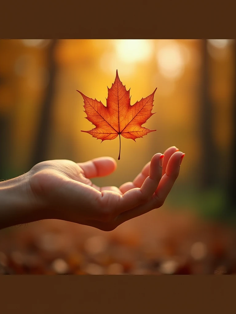 generate a master photograph describing a close-up of a hand reaching out to catch the first autumn leaf falling from a tree. The background is blurred, with warm golden tones dominating the scene. The leaf is vibrant orange-red, symbolizing the arrival of fall. The hand, delicate and feminine, is slightly outstretched as if gently catching the leaf mid-air, (8K, best quality), shot on Fujifilm superia, (Studio soft light, high detail, cinematic lighting, rim lighting), Style: (hyperrealistic, by DynastySeries FashionNova, photo, {{{masterpiece photography}}}, analog photograph, professional fashion photoshoot, trending on artstation, synthwave, krrrsty), Quality: (photographed, masterpiece, highest resolution), Definition: (highres, sharp focus, 8k uhd, ultra photo-realistic resolution), Film: (80 mm, shot on portra 120, shot on Fujifilm), Resolution: (extremely detailed, (sharp focus:1.5), cinematic lighting, dramatic lighting, ultra photo-realistic), luxury: