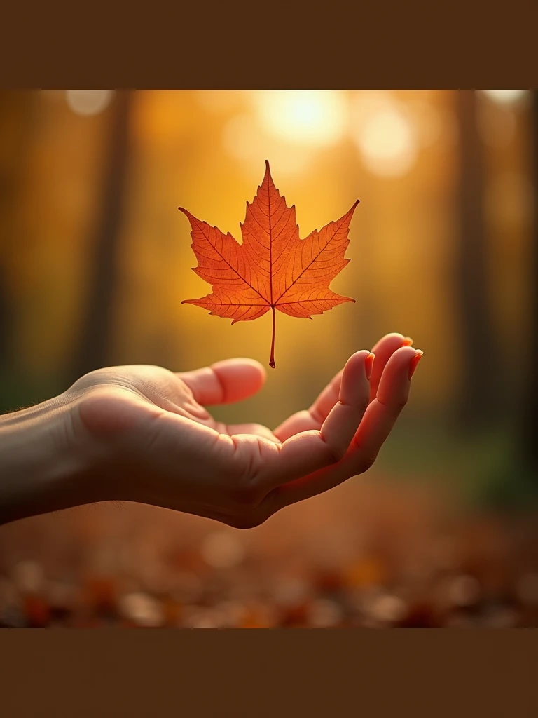 generate a master photograph describing a close-up of a hand reaching out to catch the first autumn leaf falling from a tree. The background is blurred, with warm golden tones dominating the scene. The leaf is vibrant orange-red, symbolizing the arrival of fall. The hand, delicate and feminine, is slightly outstretched as if gently catching the leaf mid-air, (8K, best quality), shot on Fujifilm superia, (Studio soft light, high detail, cinematic lighting, rim lighting), Style: (hyperrealistic, by DynastySeries FashionNova, photo, {{{masterpiece photography}}}, analog photograph, professional fashion photoshoot, trending on artstation, synthwave, krrrsty), Quality: (photographed, masterpiece, highest resolution), Definition: (highres, sharp focus, 8k uhd, ultra photo-realistic resolution), Film: (80 mm, shot on portra 120, shot on Fujifilm), Resolution: (extremely detailed, (sharp focus:1.5), cinematic lighting, dramatic lighting, ultra photo-realistic), luxury: