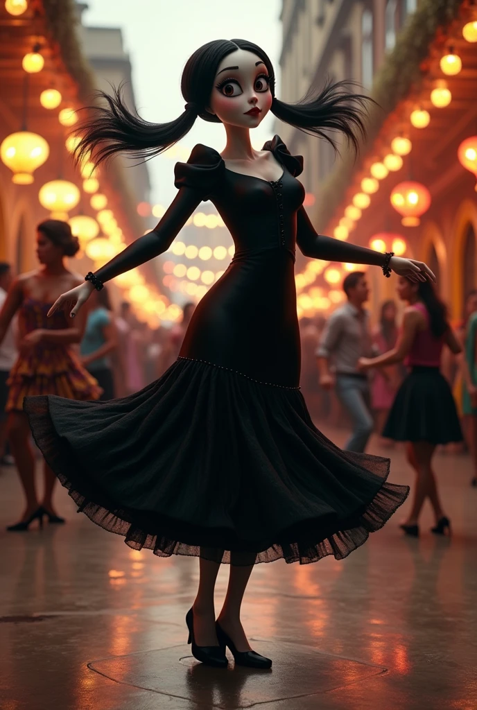 The character Wednesday from the Addams Family dancing samba at a sambadrome