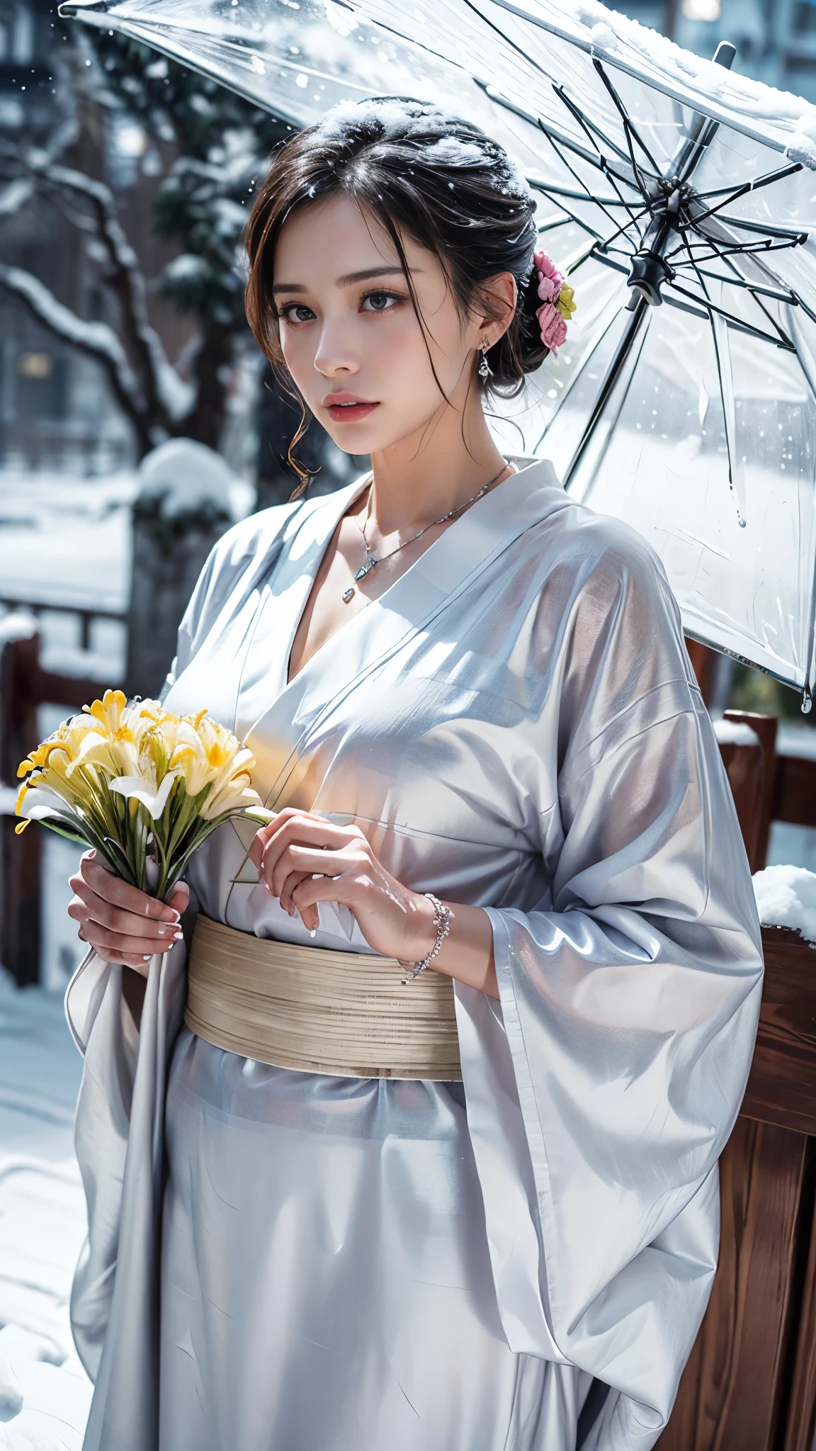 (RAW shooting, Photoreal:1.5, 8K, highest quality, masterpiece, ultra high resolution), ((((heavy snow, Blizzard)))), Highly detailed skin and facial textures:1.3, perfect dynamic composition:1.2, (In front of a shrine at night in a modern city, expression of sadness:0.9, Tears are flowing:0.9, cry with a broken heart:0.9), Slim office lady wet in the rain:1.3, cowboy shot, Fair skin:1.2, sexy beauty:1.1, perfect style:1.2, beautiful and aesthetic:1.1, very beautiful face:1.2, water droplets on the skin, (rain drips all over my body:1.2, wet body:1.2, wet hair:1.3), (Professional kimono dressing:1.1, Holding a bouquet of wet lilies:1.2, Wearing a wet silver kimono correctly:1.3), (Medium chest, Bra is transparent, Chest gap),  (Eyes that feel beautiful eros:0.9, Too erotic:0.9, Bewitching:0.9), necklace, earrings, bracelet, wedding ring, Highly detailed hand and finger expressions