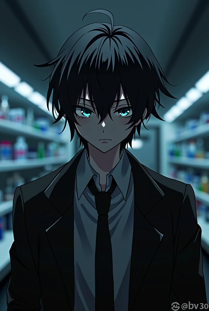 anime,black hair,male,Lab coat Black,tieDark circles around the eyes