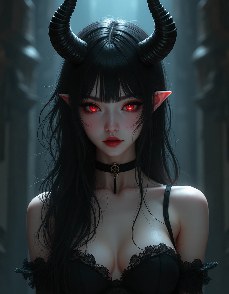 anime girl with horns and a skirt in a dark room, beautiful succubus, demon girl, demon anime girl, succubus, succubus in tight short dress, succubus | medieval, succubus in sundress portrait, beautiful elegant demon queen, portrait of demon girl, demoness, extremely detailed artgerm, white horns queen demon, diablo 4 lilith