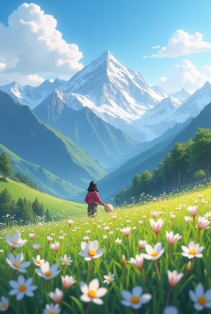 I can't wait to set off before the snow on the mountains melts. I'm going to pick a bunch of the first blooming Gesang flowers before you leave. The portrait is lifelike and the natural scenery is realistic.