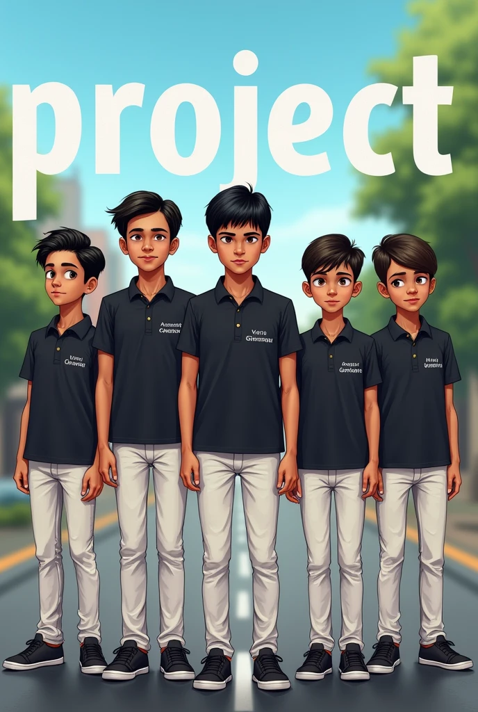 There are 5 boys they are wearing black shirt and white pant they are standing in a line on the road their name is Adarsh, Vasu, Arnav, kanha, Kartik their name is written on their Shirt. In their background there are Project written
