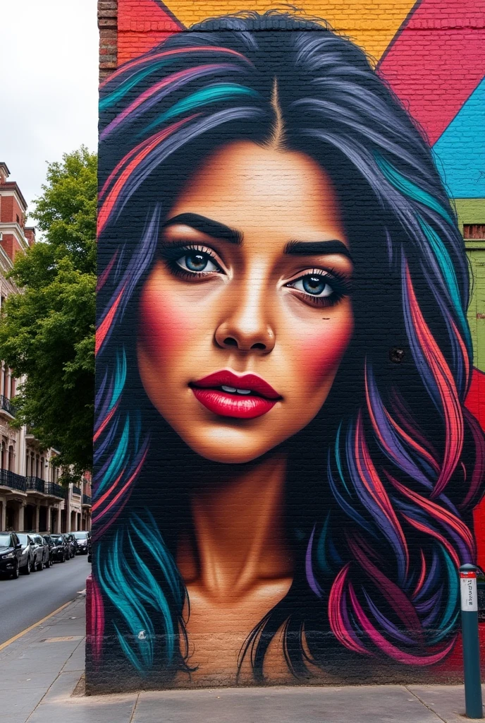 A stunning and realistic portrait of a Mexican woman's face, skillfully rendered on a brick wall as graffiti art. The woman has vibrant colors swirled through her hair and a captivating look on her face. The background showcases a vibrant cityscape with buildings, and the overall atmosphere is lively and energetic. The street art style adds a touch of urban modernity to the scene, making it a captivating piece of public art., photo, graffiti, conceptual art, architecture