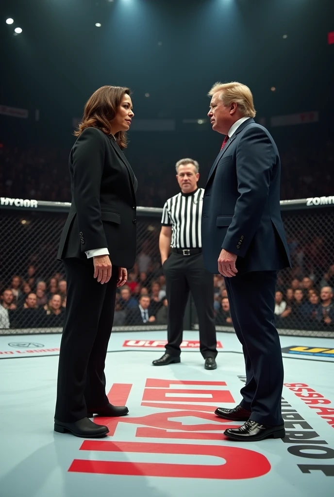 Create a real-life UFC ring fight between Kamala Harris vs Donald Trump and have Elon Musk referee the fight
