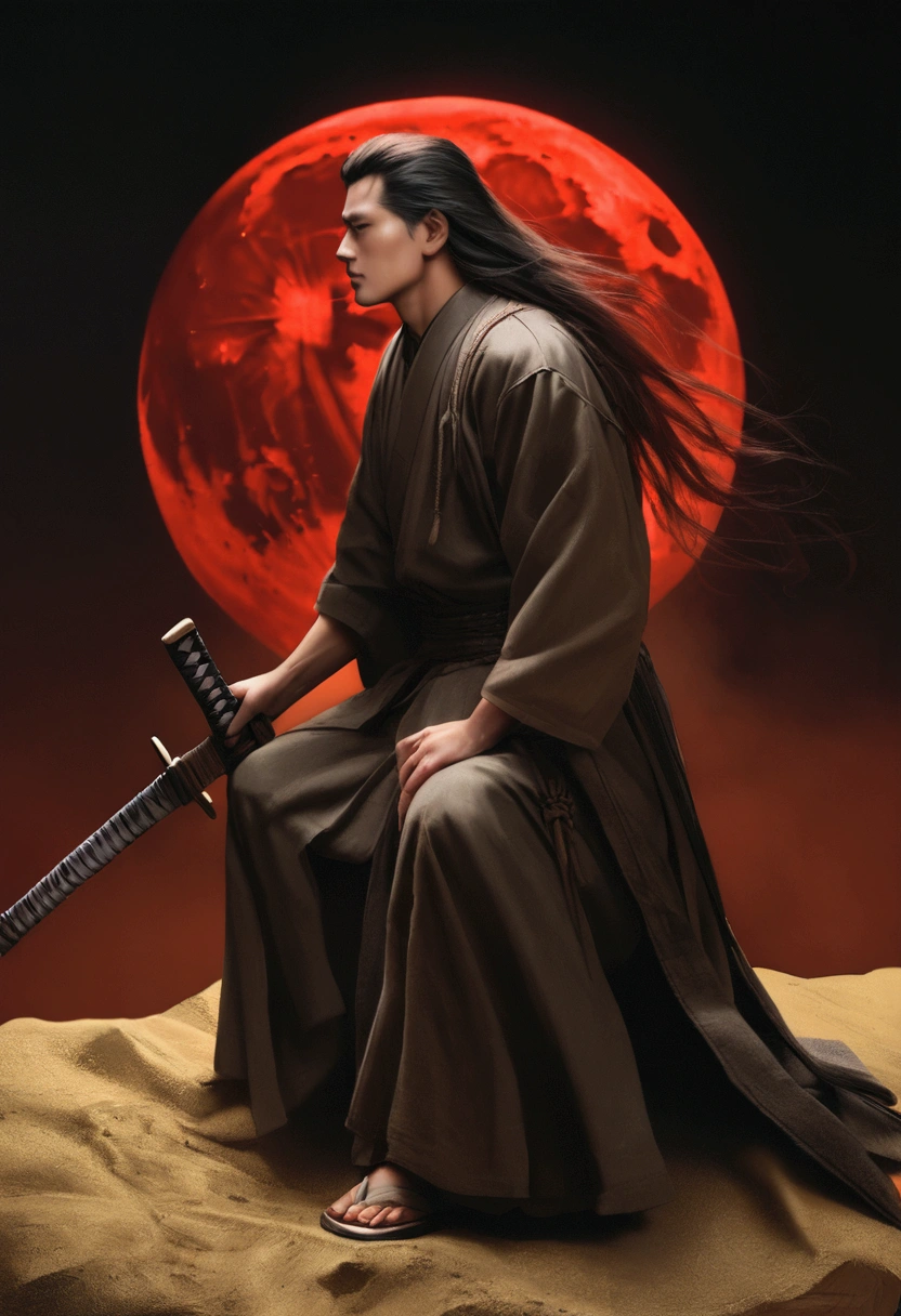 realistic photo. a boy with an upright body. long hair. carrying a complete weapon and a samurai sword. sitting on mustard while holding his weapon. background of a red moon on the battlefield.