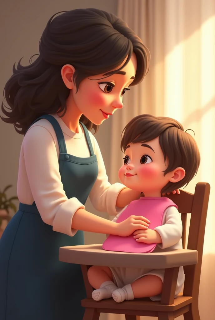 animated mom with a dark brown wavy hair wearing a white shirt and a dark blue apron gently put a pink colored drool bib to her baby sitting in a brown high chair