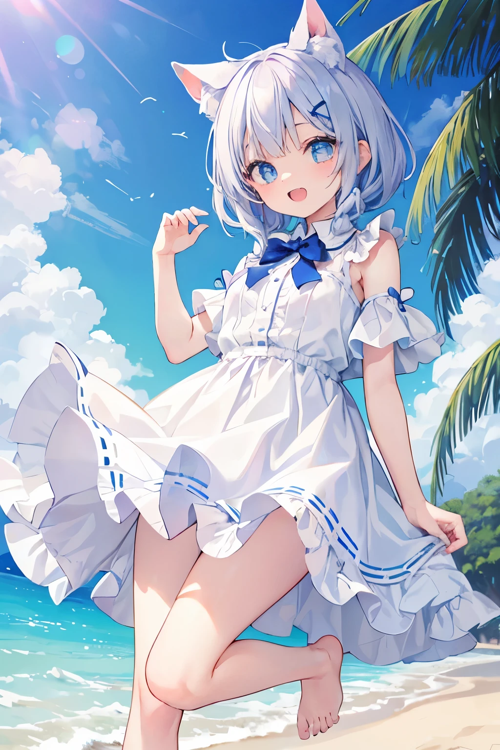 anime、pastel、a (Little:0.6)、、Vert、Open your mouth、Laugh out loud、Showing teeth、Double teeth、Indigo and white hair color、Stray hair、Braided Short、Flower Hair Ornaments、fluffy ears、Dropped ears、Fluffy tail、azure blue eyes、Odd Eye、Cute eyes、Wide open eyes、Light in your eyes、Cheeky cheeks、Slender body、Pure white dress、Floral Skirt、Short skirt、Put your arm out、Put your feet up、Plump thighs、Cute Girlfriend、happy、really like、Frolic innocently、Jumping、barefoot、Beach with a city view