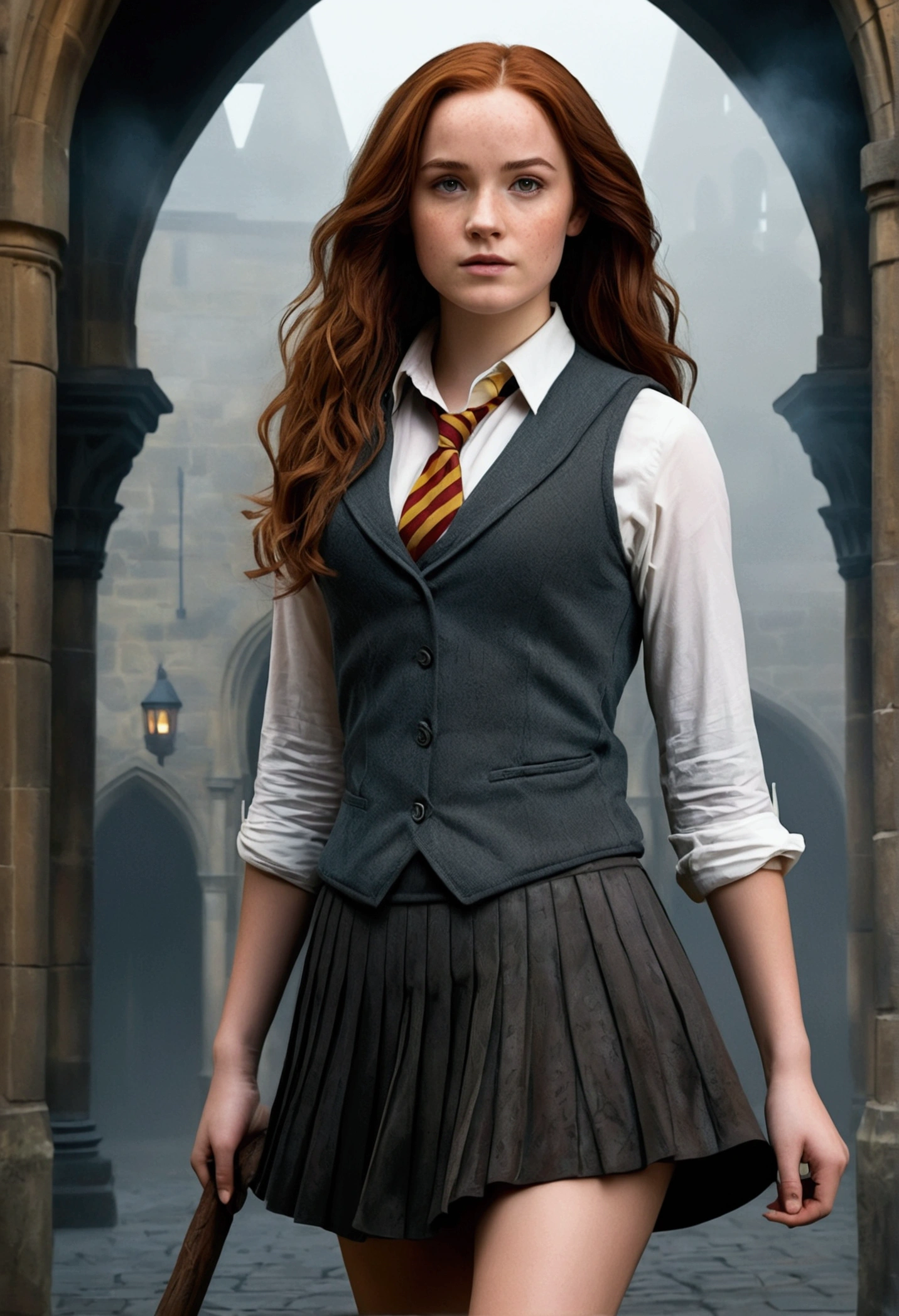An illustrated movie poster, hand-drawn, full color, a female Hogwarts student, 1, wearing a charcoal vest and a pleated skirt, tall, toned, amazonian stature, athletic hourglass figure, full wide hips, massive round butt, long shapely legs, ridiculously thick powerful thighs, deep dark auburn hair, long messy waves, flushed sun-kissed complexion, freckles, resembles Genevieve O'Reilly, standing in a foggy Hogwarts courtyard, surrounded by mist, graphite shading, stencil marks, airbrushed acrylic paint, masterpiece, in the Deathly Hallows