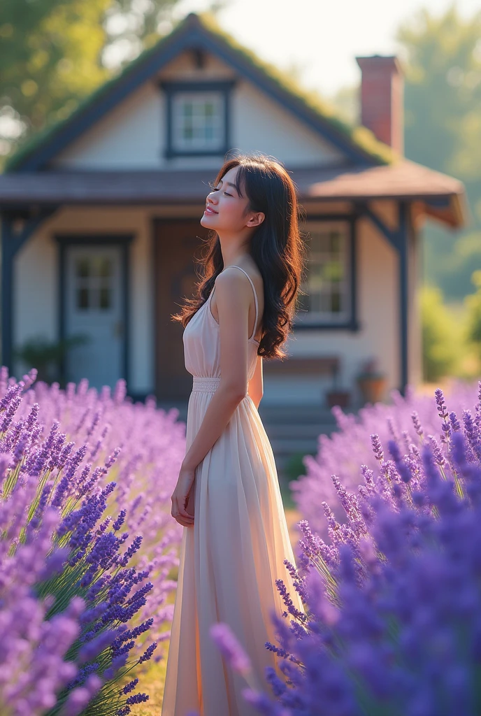 A lavendar garden in front of a small house and a pretty girl is enjoying the smell of the lavenders