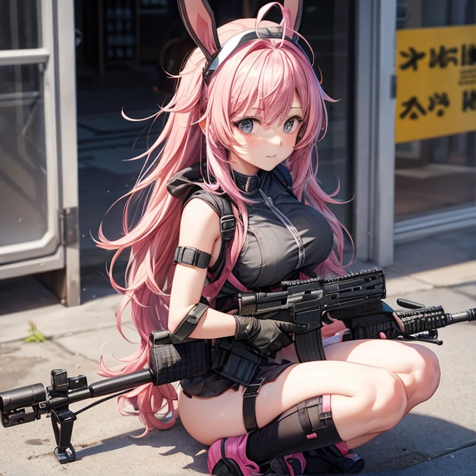 On the battlefield　Assault rifle　Bunny girl　Pink Hair　I have stupid hair.　Large Breasts