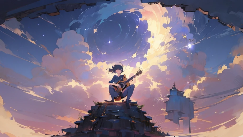 masterpiece,night,(dark alley),star、Night evening Sky、milky way、octone、
(1. Female), (solo), Knee hugging sitting,acousticguitar