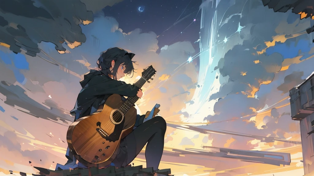 masterpiece,night,(dark alley),star、Night evening Sky、milky way、octone、
(1. Female), (solo), Knee hugging sitting,acousticguitar