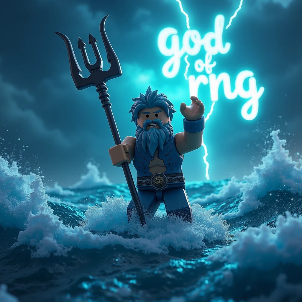 Posidon with his trident fighting a storm at night as a roblox character  (add text saying “God of RNG” in the background)